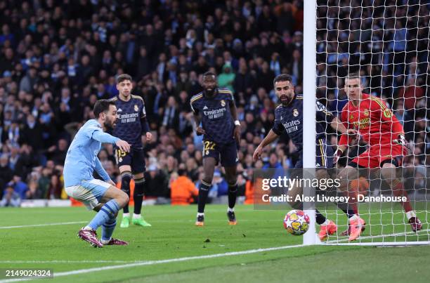 Bernardo Silva of Manchester City misses a goal scoring chance during the UEFA Champions League quarter-final second leg match between Manchester...