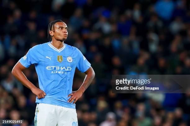 Manuel Akanji of Manchester City looks on during the UEFA Champions League quarter-final second leg match between Manchester City and Real Madrid CF...