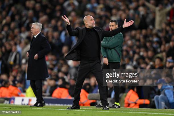 Pep Guardiola, Manager of Manchester City, reacts during the UEFA Champions League quarter-final second leg match between Manchester City and Real...