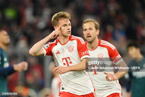 Joshua Kimmich of Bayern Munich celebrates scoring his team's first goal during the UEFA Champions League quarter-final second leg match between FC...