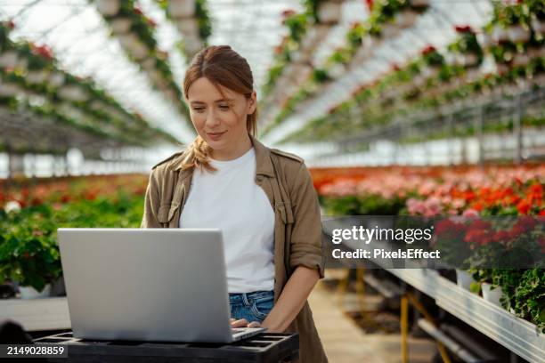 female business owner using laptop in greenhouse - florist stock pictures, royalty-free photos & images