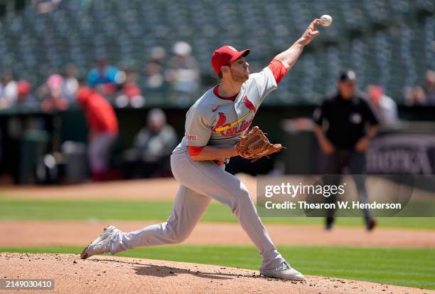 Steven Matz of the St. Louis Cardinals pitches against the Oakland Athletics in the bottom of the first inning on April 17, 2024 at the Oakland...