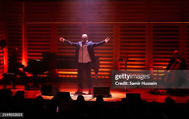 Eric Cantona performs live at King's Place on April 17, 2024 in London, England.