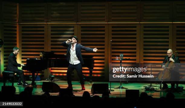 Eric Cantona performs live at King's Place on April 17, 2024 in London, England.