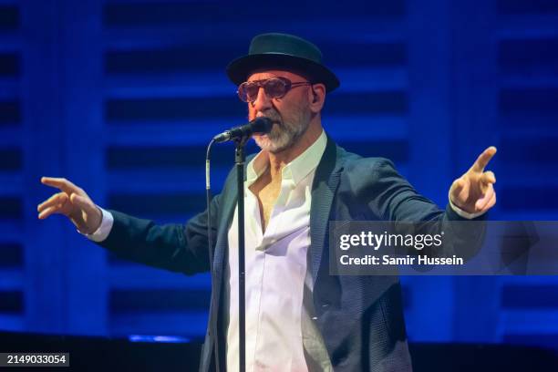 Eric Cantona performs live at King's Place on April 17, 2024 in London, England.