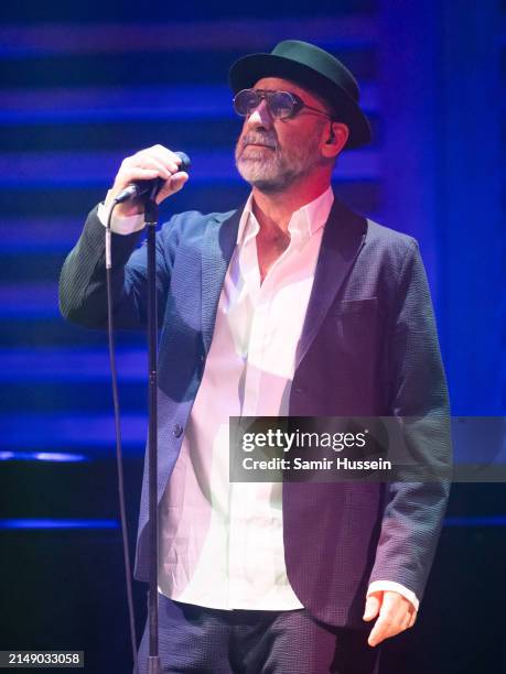 Eric Cantona performs live at King's Place on April 17, 2024 in London, England.