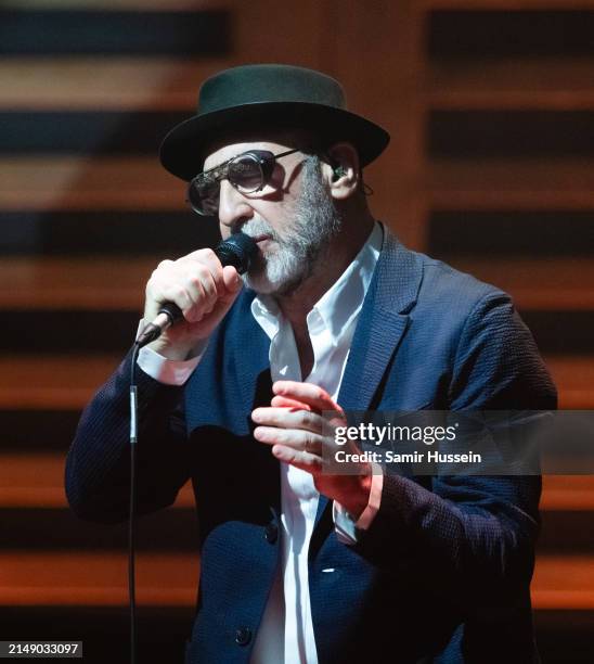 Eric Cantona performs live at King's Place on April 17, 2024 in London, England.