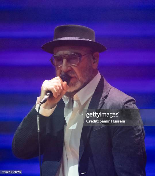 Eric Cantona performs live at King's Place on April 17, 2024 in London, England.