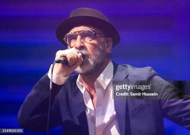 Eric Cantona performs live at King's Place on April 17, 2024 in London, England.