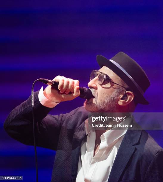 Eric Cantona performs live at King's Place on April 17, 2024 in London, England.