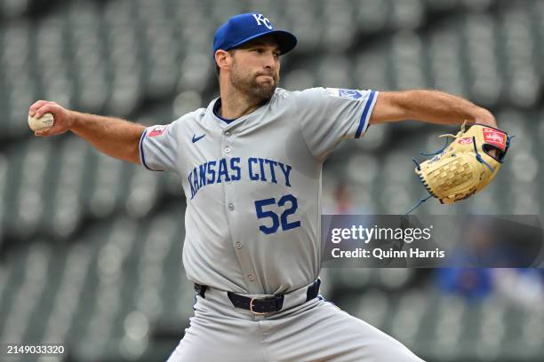 Starting pitcher Michael Wacha of the Kansas City Royals throws in the first inning during game two of a doubleheader against the Chicago White Sox...