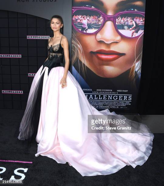 Zendaya arrives at the Los Angeles Premiere Of Amazon MGM Studios "Challengers" at Westwood Village Theater on April 16, 2024 in Los Angeles,...