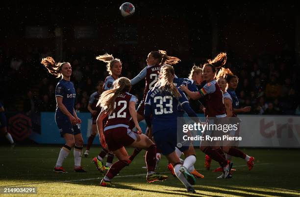 Noelle Maritz of Aston Villa heads the ball during the Barclays Women´s Super League match between Chelsea FC and Aston Villa at Kingsmeadow on April...