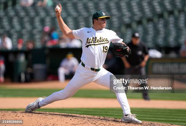 Mason Miller of the Oakland Athletics pitches against the St. Louis Cardinals in the top of the ninth inning on April 17, 2024 at the Oakland...