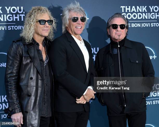 David Bryan, Jon Bon Jovi and Tico Torres attend the "Thank You, Goodnight: The Bon Jovi Story" UK Premiere at the Odeon Luxe West End on April 17,...