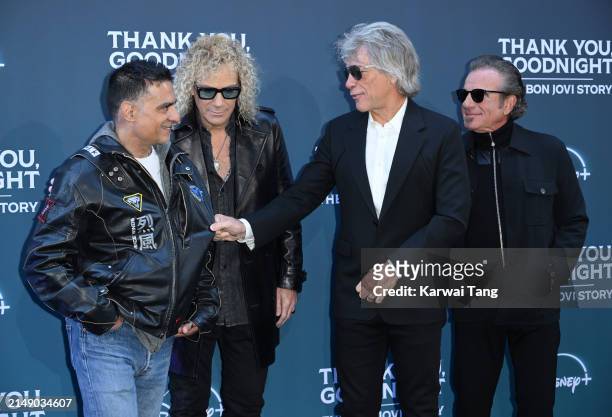 Gotham Chopra, David Bryan, Jon Bon Jovi, Tico Torres attend the "Thank You, Goodnight: The Bon Jovi Story" UK Premiere at the Odeon Luxe West End on...