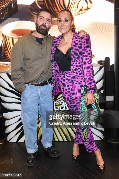 Fausto Puglisi and Barbara Magro attend the "Ray Of Gold" Home Collection presentation cocktail at Condé Nast Bistrot on April 17, 2024 in Milan,...