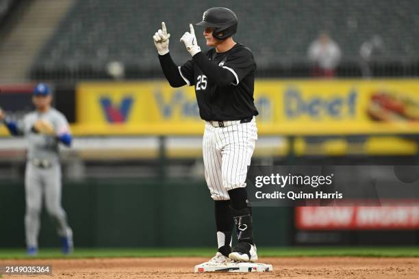 Andrew Vaughn of the Chicago White Sox reacts after a double in the fourth inning during game two of a doubleheader against the Kansas City Royals at...