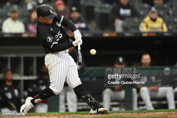 Andrew Vaughn of the Chicago White Sox hits a double in the fourth inning during game two of a doubleheader against the Kansas City Royals at...