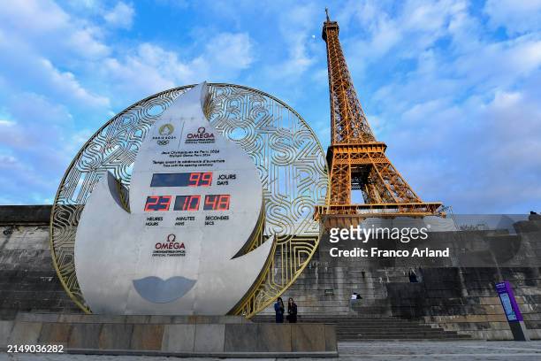 The official Omega Olympic countdown clock located beside the River Seine displays the remaining days until the Opening Ceremony of the Paris 2024...