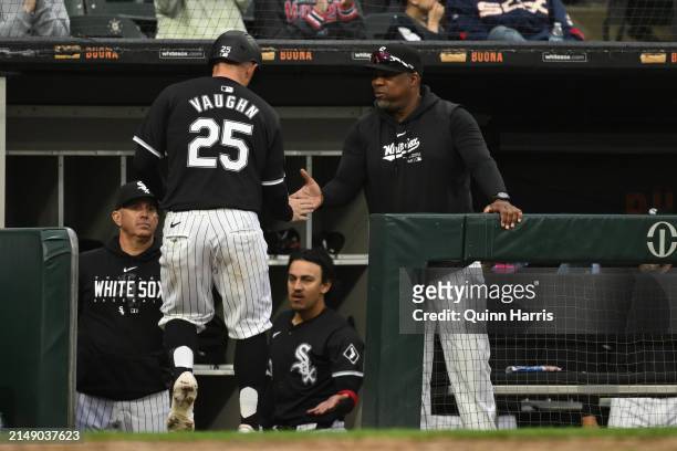 Andrew Vaughn of the Chicago White Sox celebrates with teammates after scoring in the fourth inning during game two of a doubleheader against the...