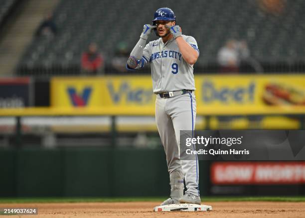 Vinnie Pasquantino of the Kansas City Royals reacts after a double in the sixth inning during game two of a doubleheader against the Chicago White...