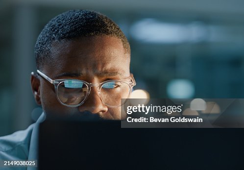 Face, black man with glasses and computer for working in office for planning, reading and technology for connection. Businessman, programmer and laptop for research, problem solving and manage seo Face, black man with glasses and computer for working in office for planning, reading and technology for connection. Businessman, programmer and laptop for research, problem solving and manage seo