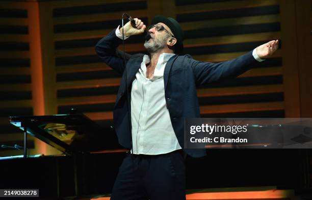 Eric Cantona performs on stage at King's Place on April 17, 2024 in London, England.