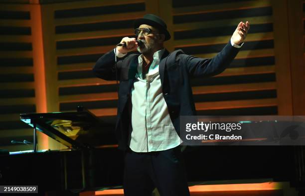 Eric Cantona performs on stage at King's Place on April 17, 2024 in London, England.