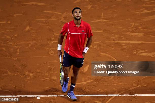 Arthur Fils of France looks on against Daniel Altmaier of Germany in the second round during day three of the Barcelona Open Banc Sabadell at Real...