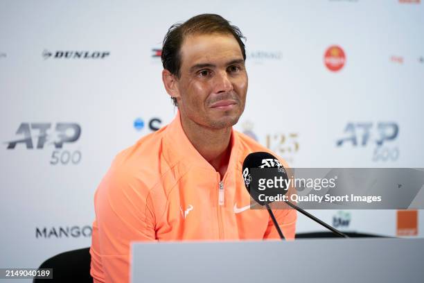 Rafael Nadal of Spain speaks in a press conference following his defeat against Alex de Minaur of Australia in the second round during day three of...