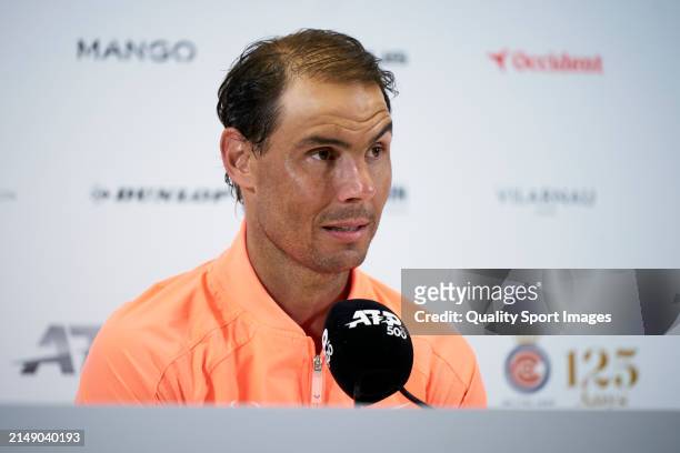 Rafael Nadal of Spain speaks in a press conference following his defeat against Alex de Minaur of Australia in the second round during day three of...