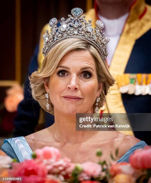 Queen Maxima of The Netherlands at the state banquet for the Spanish Royal couple at the Royal Palace on April 17, 2024 in Amsterdam, Netherlands....