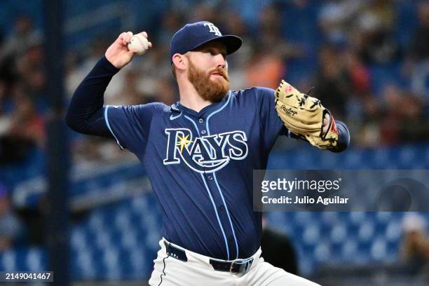 Zack Littell of the Tampa Bay Rays delivers a pitch to the Los Angeles Angels in the first inning at Tropicana Field on April 17, 2024 in St...