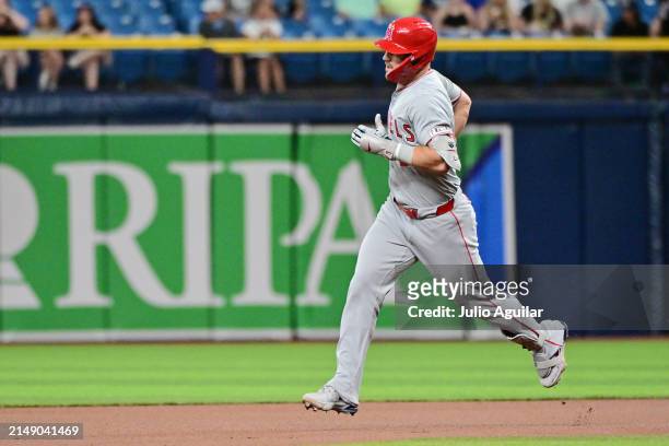 Mike Trout of the Los Angeles Angels runs the bases after hitting a home run in the first inning against the Tampa Bay Rays at Tropicana Field on...