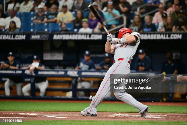 Mike Trout of the Los Angeles Angels hits a home run in the first inning against the Tampa Bay Rays at Tropicana Field on April 17, 2024 in St...