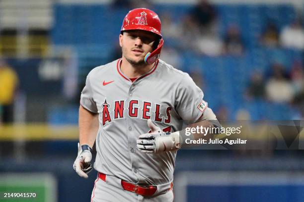 Mike Trout of the Los Angeles Angels runs the bases after hitting a home run in the first inning against the Tampa Bay Rays at Tropicana Field on...