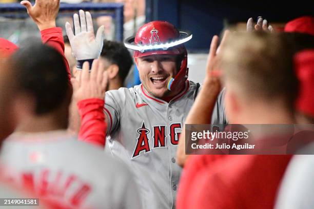 Mike Trout of the Los Angeles Angels celebrates with teammates in the dugout after hitting a home run in the first inning against the Tampa Bay Rays...