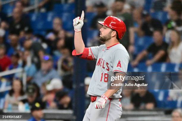 Nolan Schanuel of the Los Angeles Angels reacts after hitting a single in the second inning against the Tampa Bay Rays at Tropicana Field on April...