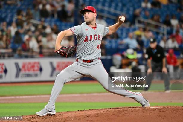 Reid Detmers of the Los Angeles Angels delivers a pitch to the Tampa Bay Rays in the second inning at Tropicana Field on April 17, 2024 in St...