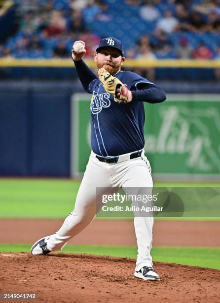 Zack Littell of the Tampa Bay Rays delivers a pitch to the Los Angeles Angels in the fourth inning at Tropicana Field on April 17, 2024 in St...