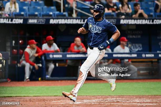Amed Rosario of the Tampa Bay Rays looks to score in the second inning against the Los Angeles Angels at Tropicana Field on April 17, 2024 in St...