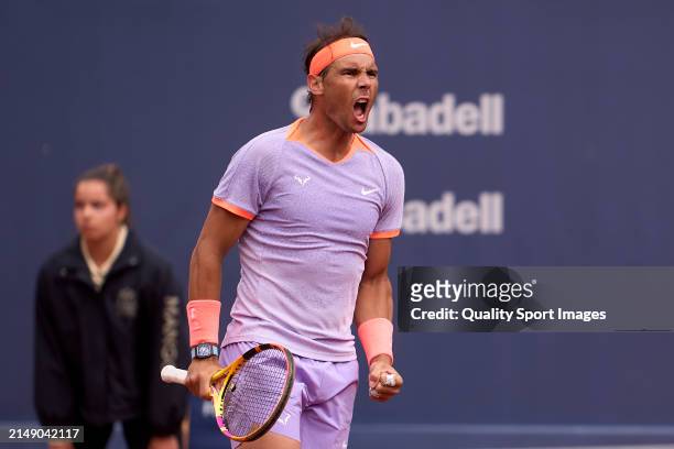 Rafael Nadal of Spain celebrates a point against Alex de Minaur of Australia in the second round during day three of the Barcelona Open Banc Sabadell...
