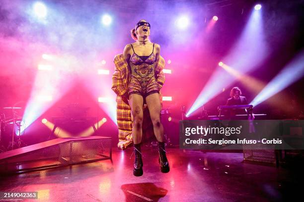 Angelina Mango performs at Fabrique on April 17, 2024 in Milan, Italy.
