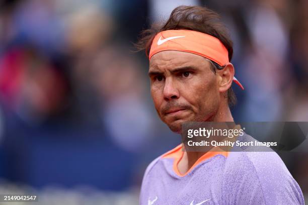 Rafael Nadal of Spain looks on against during his match against Alex de Minaur of Australia in the second round during day three of the Barcelona...