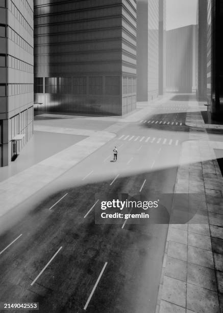 hombre solitario caminando en calles desiertas y vacías de la ciudad - calle vacía fotografías e imágenes de stock