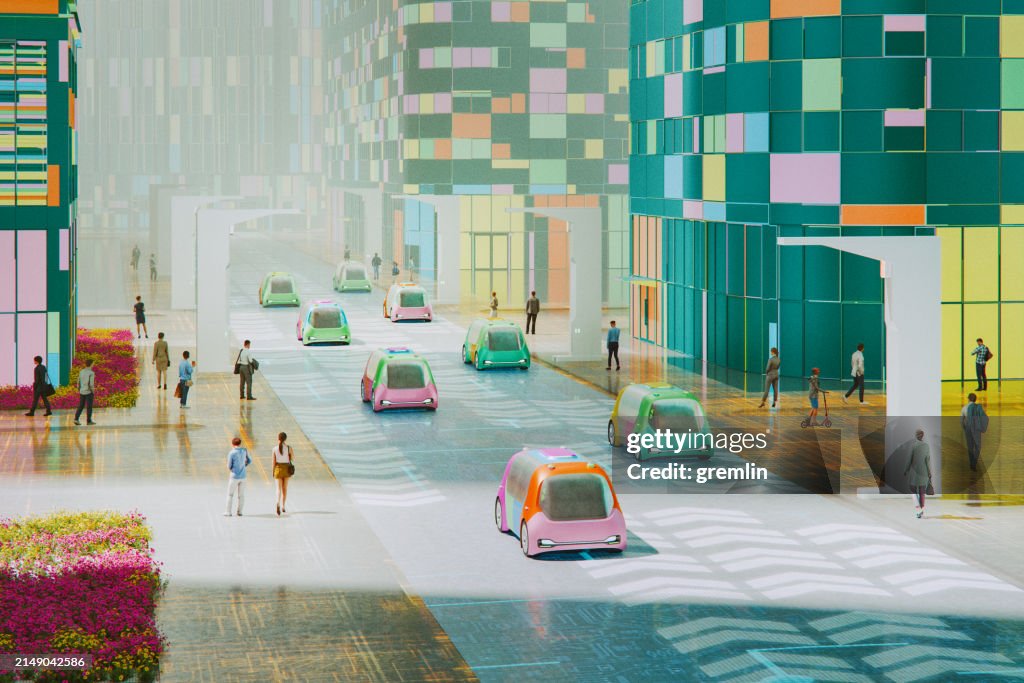 Futuristic city with people and autonomous electric vehicles