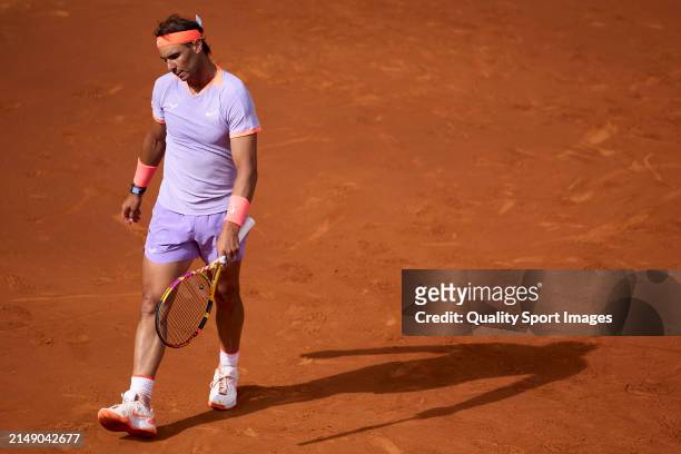 Rafael Nadal of Spain reacts against Alex de Minaur of Australia in the second round during day three of the Barcelona Open Banc Sabadell at Real...