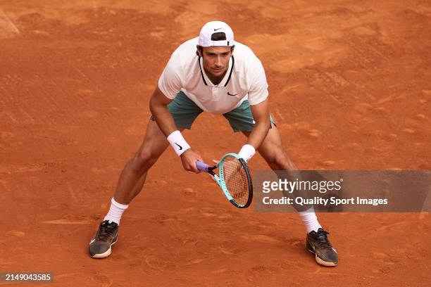 Lorenzo Musetti of Italy looks on against Roberto Carballes of Spain in the second round during day three of the Barcelona Open Banc Sabadell at Real...
