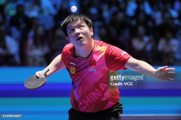 Fan Zhendong of China competes in the Men's Singles group match against Wong Chun Ting of Chinese Hong Kong on day three of ITTF Men's and Women's...